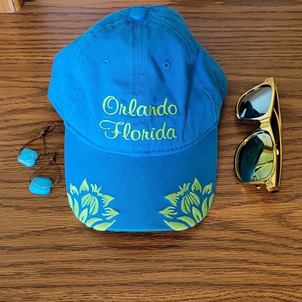JHATS Turquoise with lime "Orlando Florida" embroidery souvenir cap.